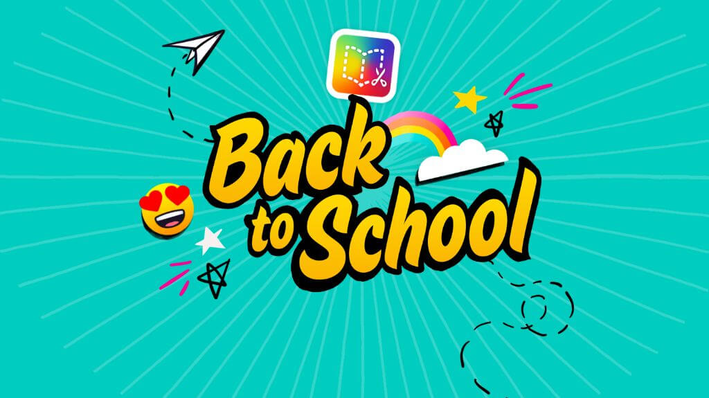 A vibrant "Back to School" graphic on a teal background with a rainbow, stars, an emoji, and the Book Creator logo.