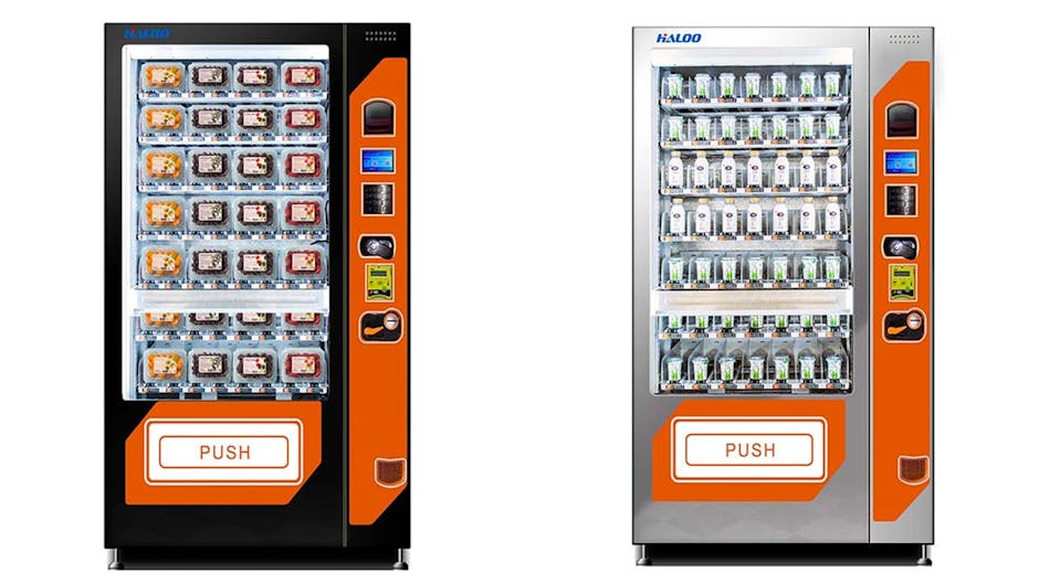 Haloo&apos;s HL-SLE-10C vending machine is available in black or white cabinets that measure 1350mm. W. x 860mm. D. x 1920mm. H. The new machine offers a maximum of 80 selections and can hold up to 1,000 units. MDB and DEX are the machine&apos;s standard interfaces.