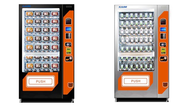 Haloo&apos;s HL-SLE-10C vending machine is available in black or white cabinets that measure 1350mm. W. x 860mm. D. x 1920mm. H. The new machine offers a maximum of 80 selections and can hold up to 1,000 units. MDB and DEX are the machine&apos;s standard interfaces.