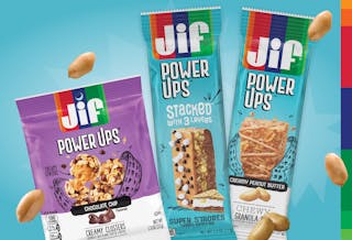 Jif&circledR; Power Ups &circledR; are available in Chewy and Stacked&trade; Granola Bars, and Creamy Clusters.