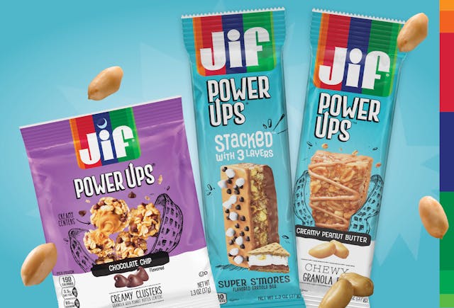 Jif&circledR; Power Ups &circledR; are available in Chewy and Stacked&trade; Granola Bars, and Creamy Clusters.