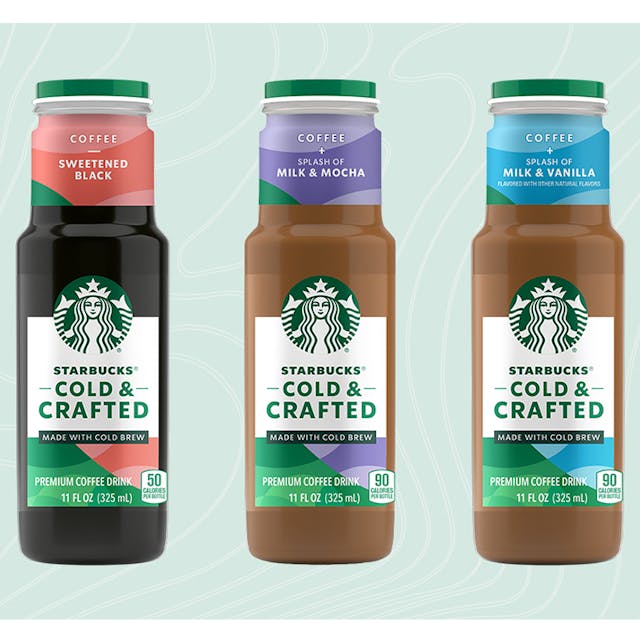 Starbucks Cold &amp; Crafted RTD line launches with three coffee flavors: with a splash of milk and vanilla; with a splash of milk and mocha; and sweetened black.