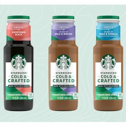 Starbucks Cold &amp; Crafted RTD line launches with three coffee flavors: with a splash of milk and vanilla; with a splash of milk and mocha; and sweetened black.