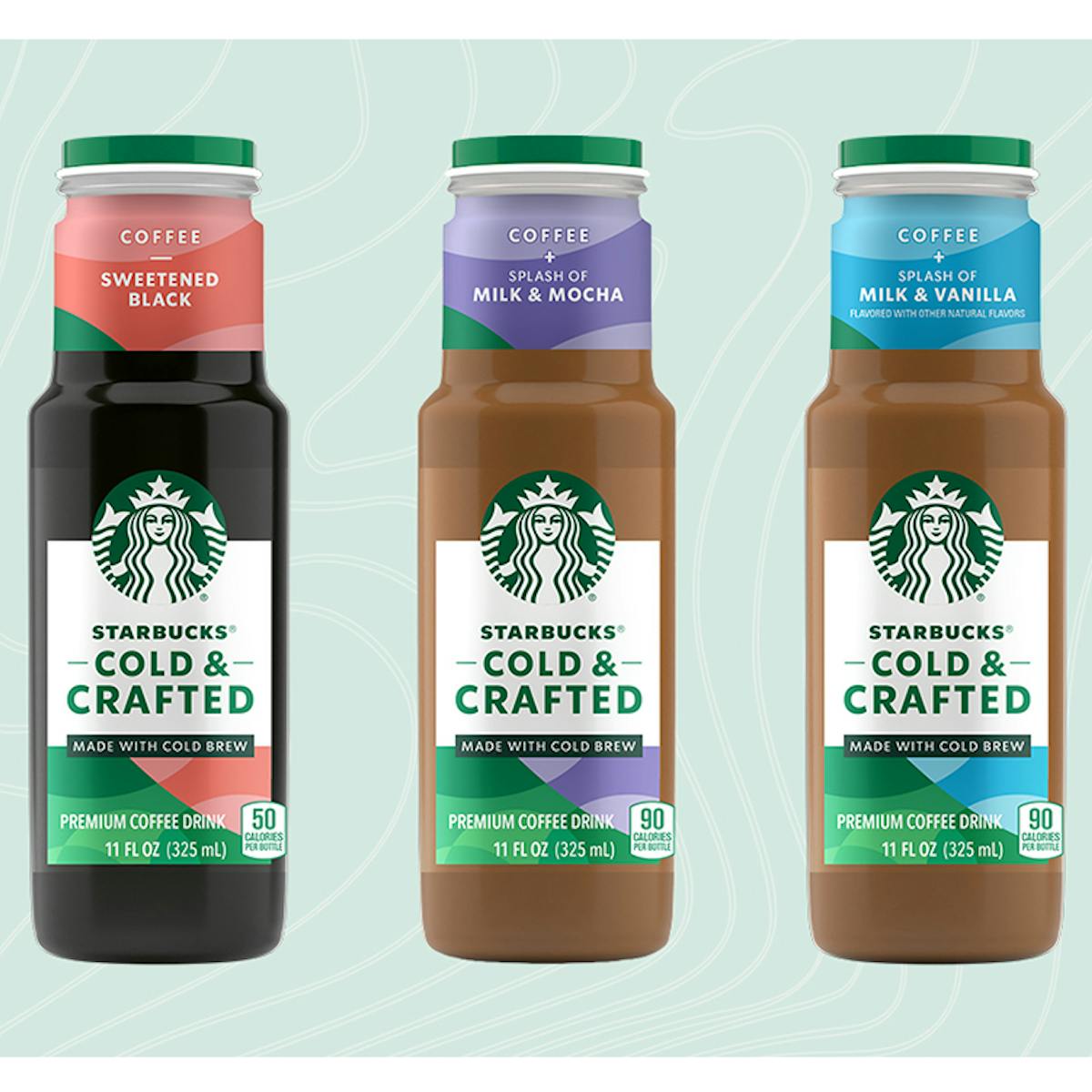 Starbucks Cold &amp; Crafted RTD line launches with three coffee flavors: with a splash of milk and vanilla; with a splash of milk and mocha; and sweetened black.