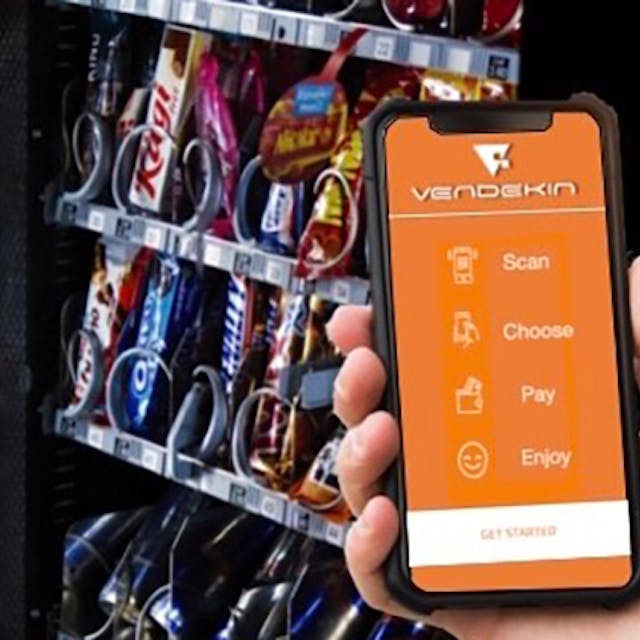 Vendekin&rsquo;s smart vending platform working with a cashless payment app, shown here with a glassfront machine, creates a digital and touch-free experience. The platform also provides real-time data analytics.