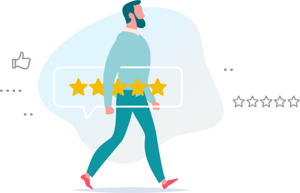 illustration of man carrying five star review speech bubble