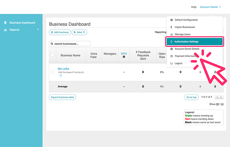 To authorize Facebook Recommendations in GatherUp select Authorization Settings under Account Owner