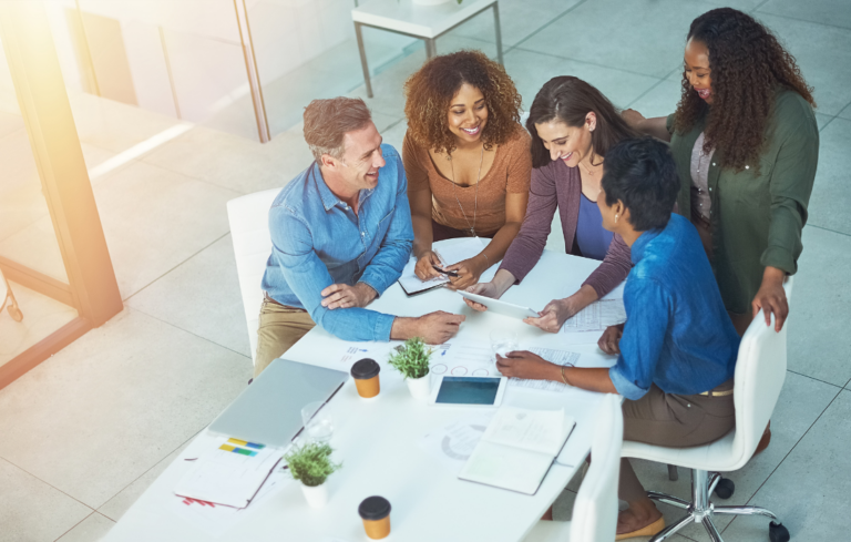 marketing agency team meeting to discuss clients