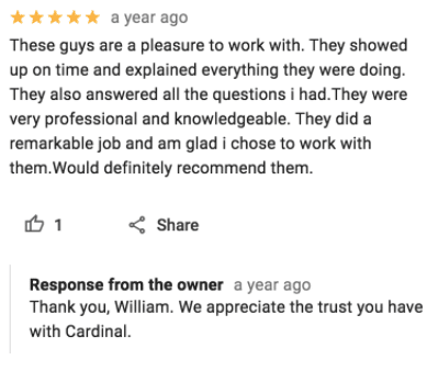 Screenshot of positive HVAC customer review