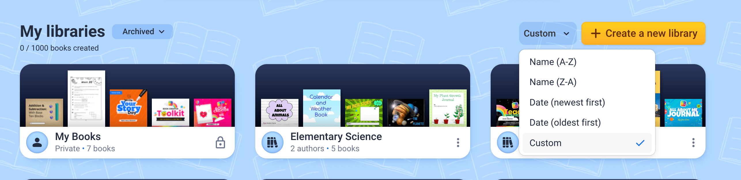 Screenshot of the Book Creator library dashboard showing the sorting dropdown menu with options: Name (A–Z), Name (Z–A), Date (newest first), Date (oldest first), and Custom. The “Create a new library” button appears to the right.
